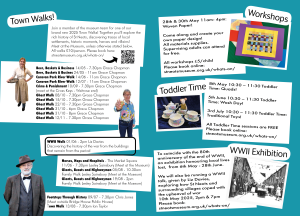 Poster advertising a list of locations, dates and themes of Town Walks and Workshops. Walks are £10 per person. Workshops are £5 per child. Booking is via stneots,museum,.org.uk/whats-on