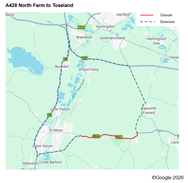 Map showing the planned road closure and diversion route.