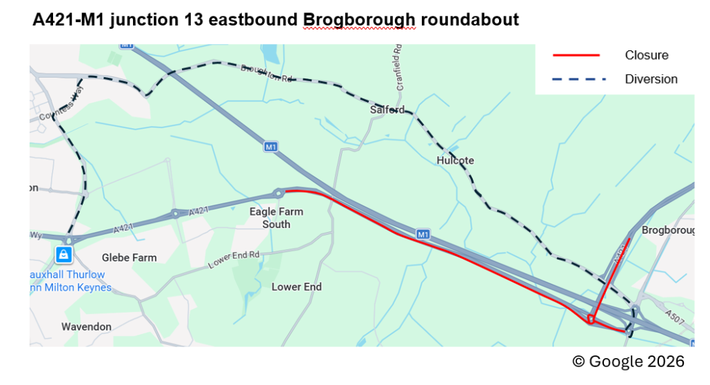 Map showing road closure and diversion route- A421- M1 junction 13 eastbound Brogborough roundabout.